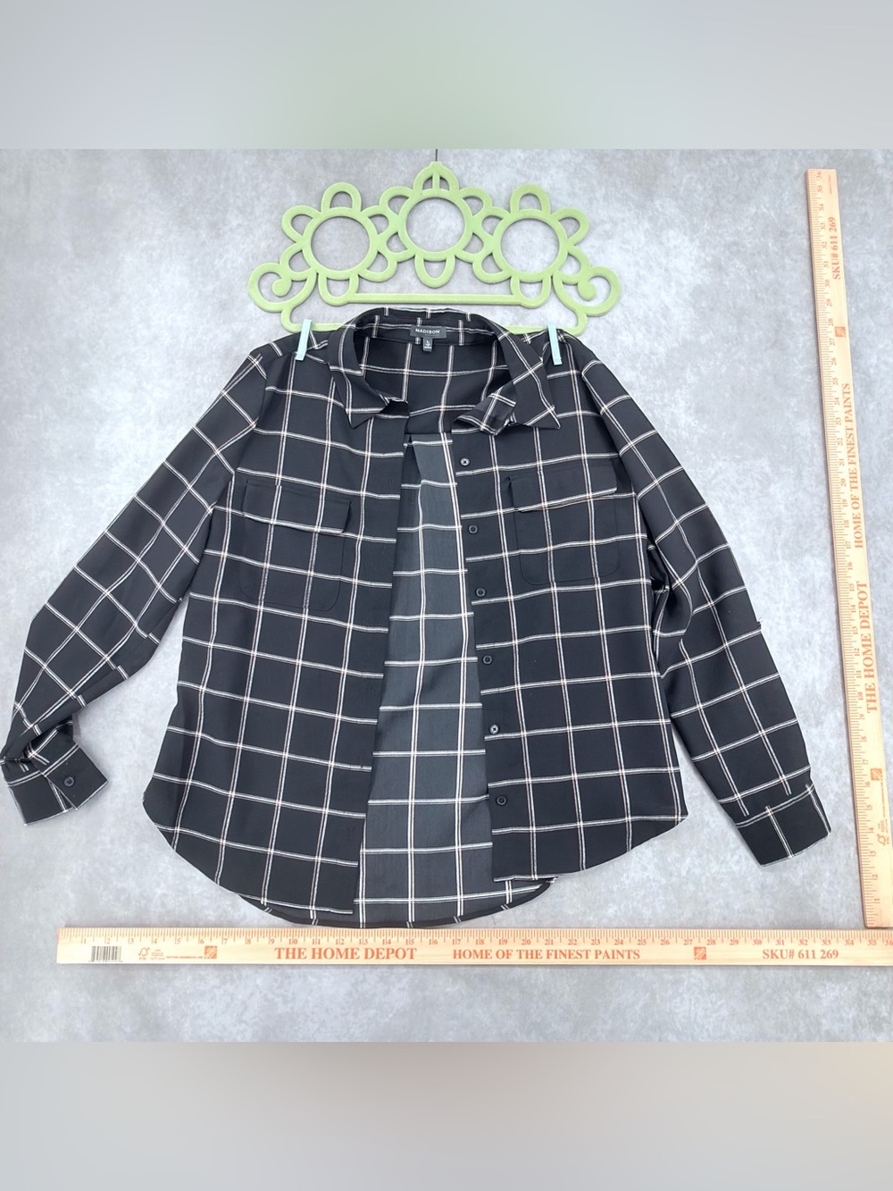Madison Black Windowpane Plaid Button-Down Blouse